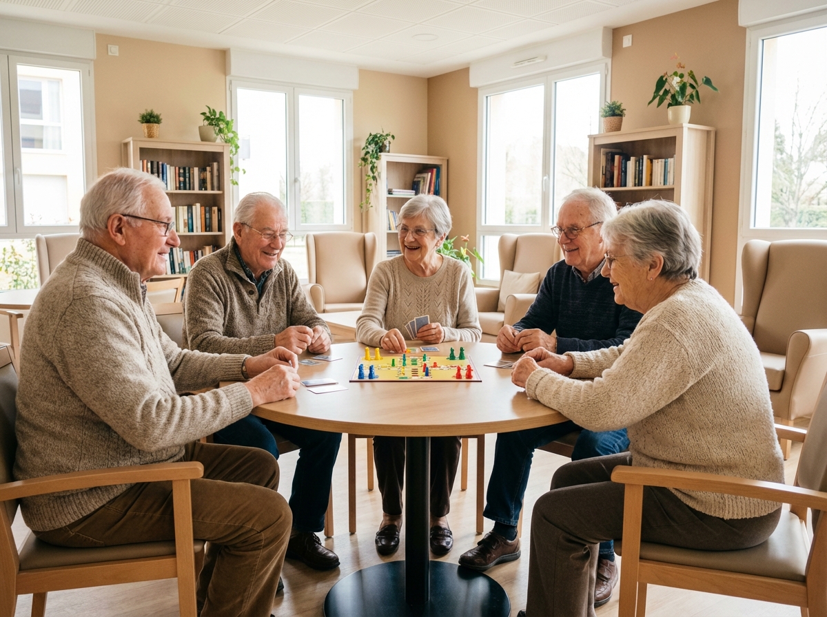 Seniors jouant à un jeu de société dans un salon chaleureux