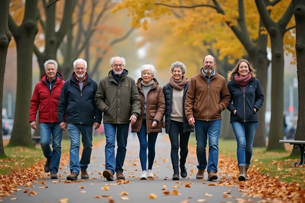 Groupe de personnes marchant dans un parc en automne