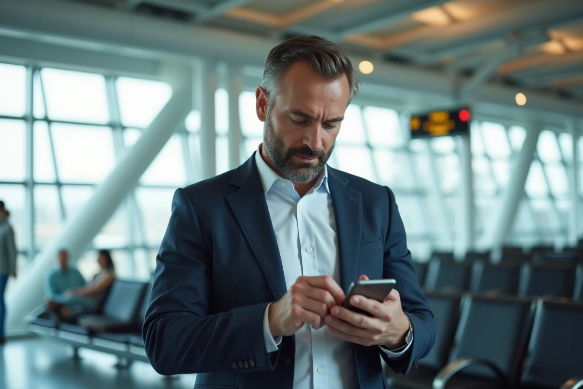 Homme d affaires dans un lounge a l aéroport utilisant son smartphone