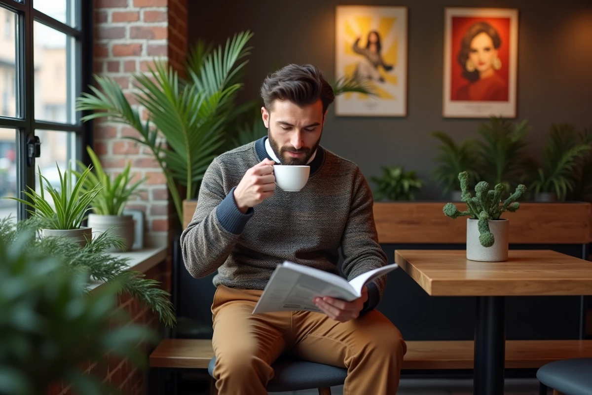 Homme lisant un magazine dans un café chaleureux