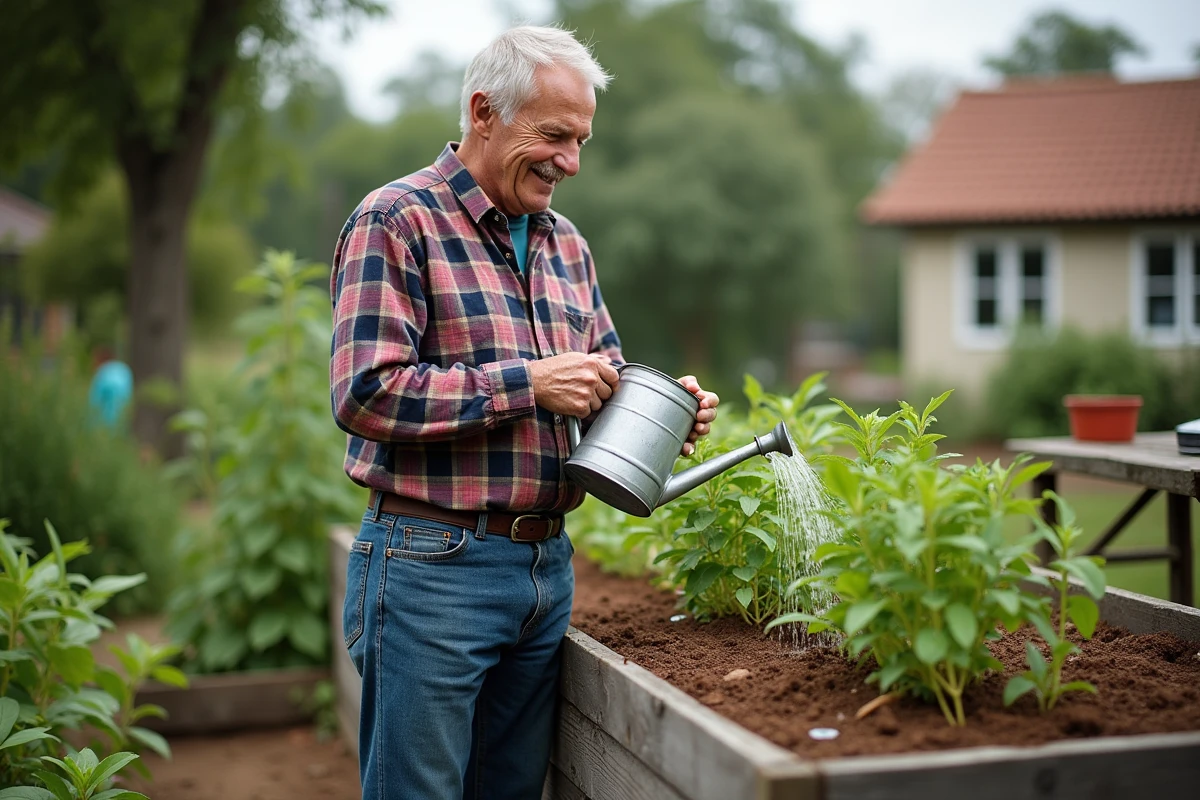 Homme âgé arrosant ses jeunes légumes dans un potager