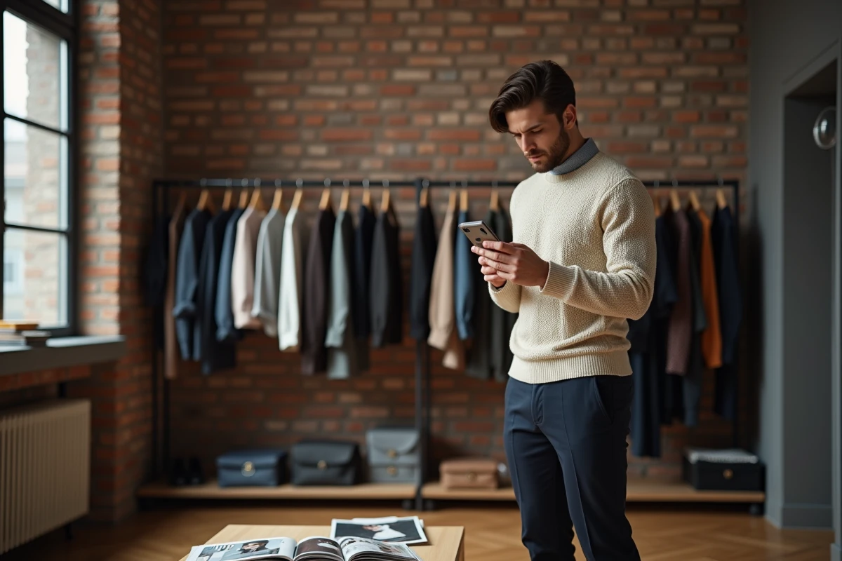 Homme comparant des vêtements sur son smartphone avec une application de mode tendance dans un appartement moderne