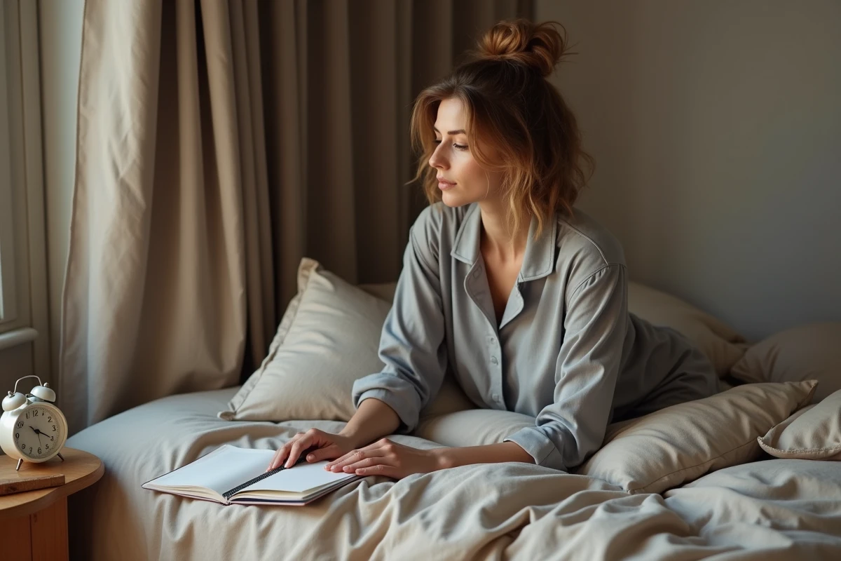 Femme en pyjama consultant un réveil analogique pour adapter son heure de sommeil à son chronotype