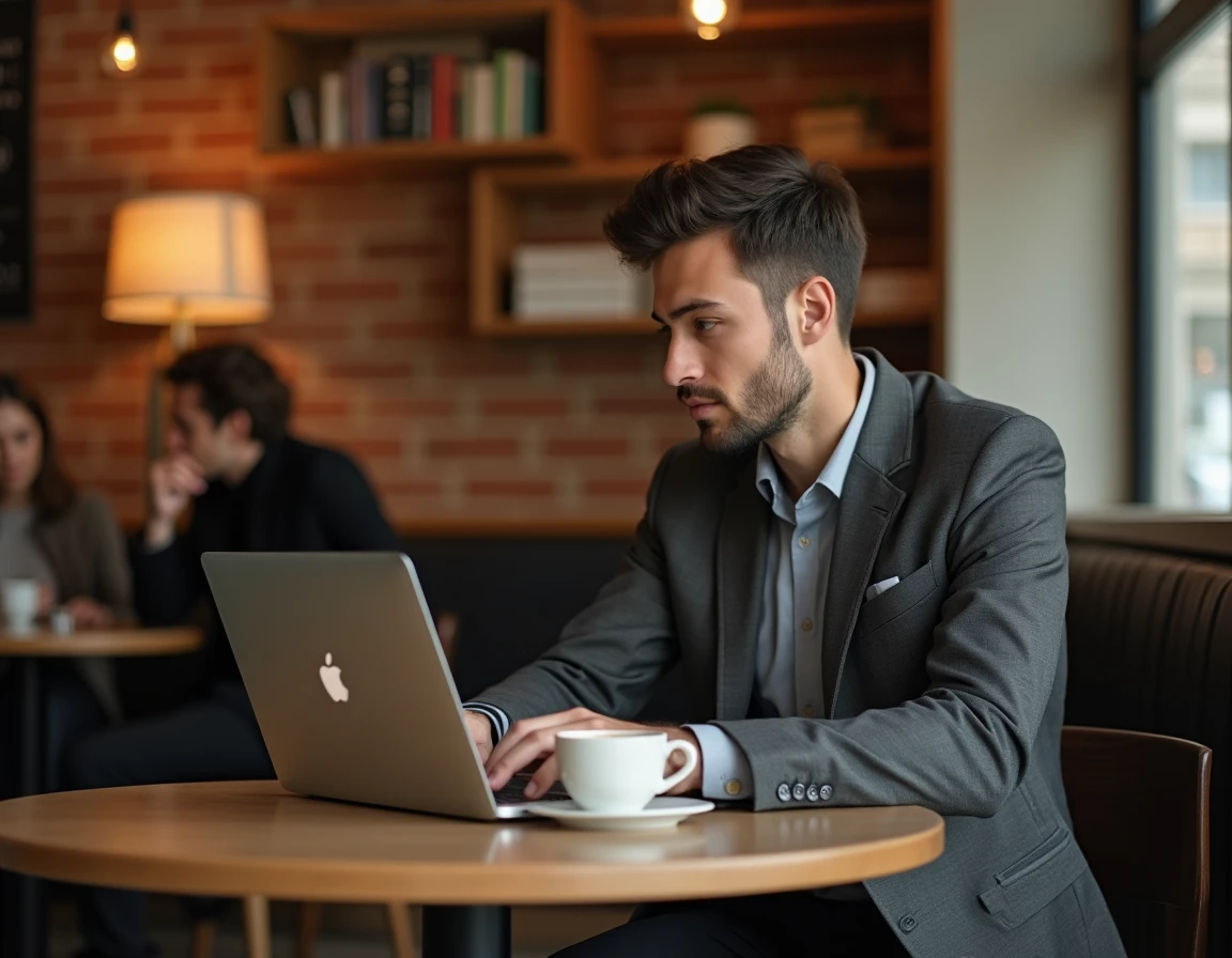 Jeune cadre préparant son inscription en ligne au certificat LVMH dans un café parisien