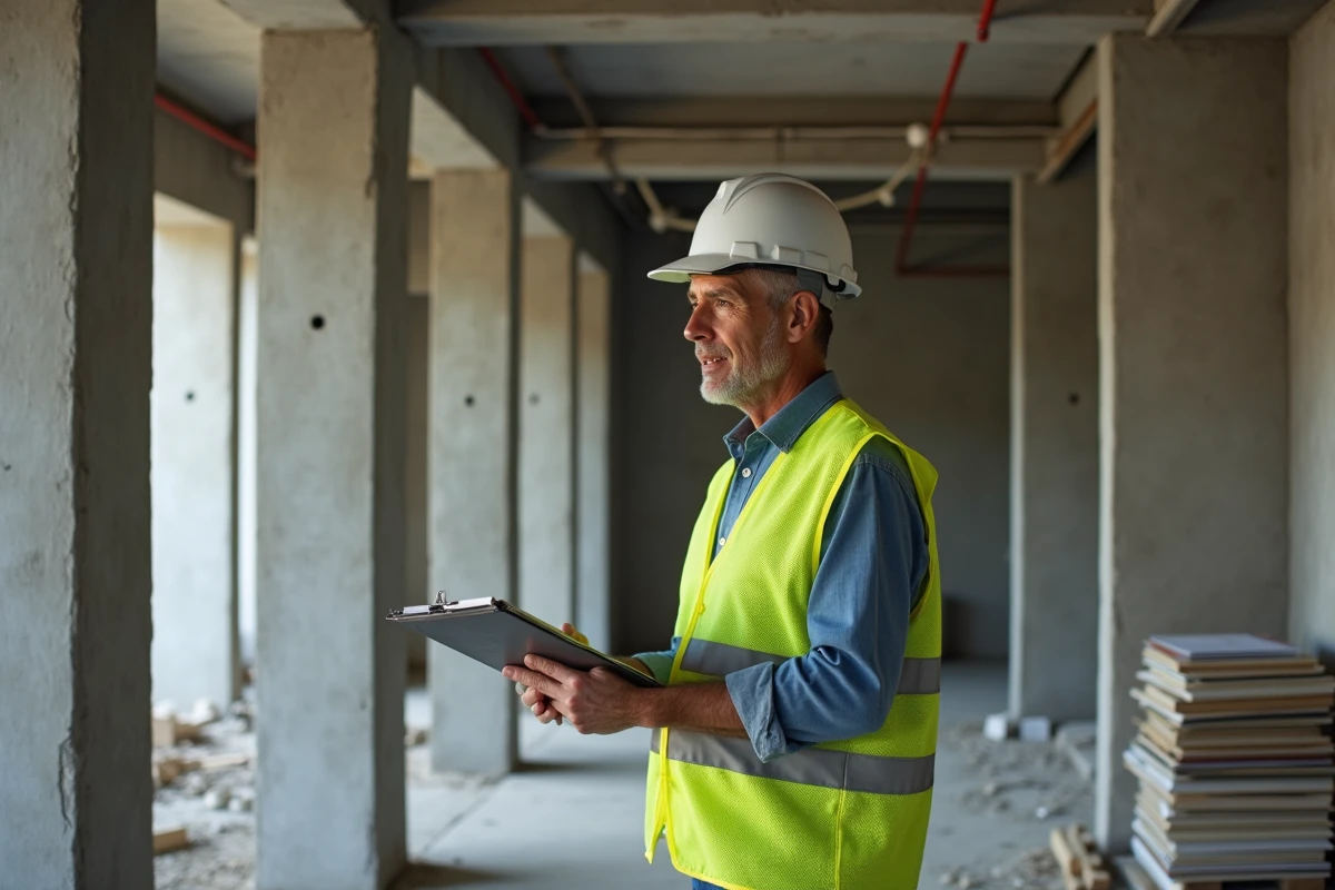 Homme en équipement de chantier inspectant un mur structurel dans un bâtiment résidentiel en cours de rénovation