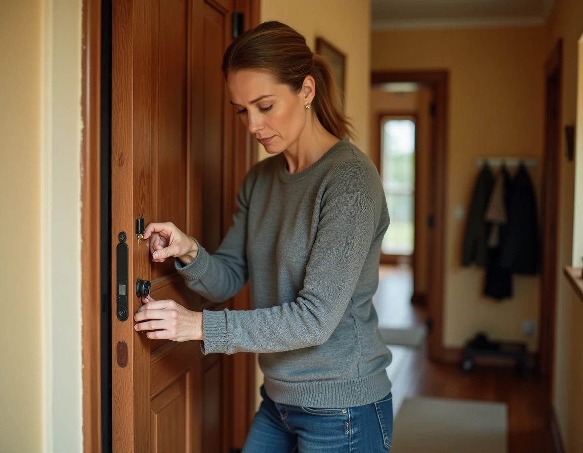 Femme inspectant l'isolation d'une porte d'entrée pour optimiser l'énergie de son logement
