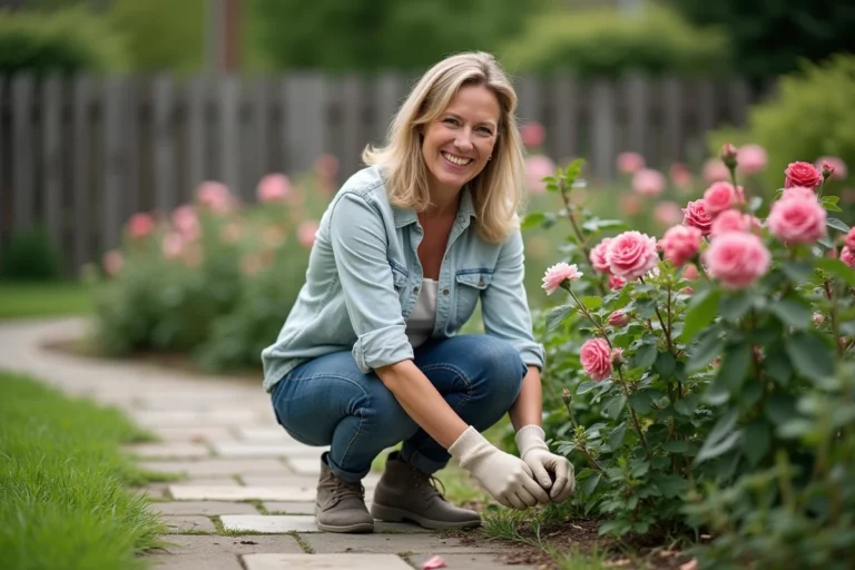 Femme d'âge moyen en jardinage coupe des roses dans un jardin fleuri