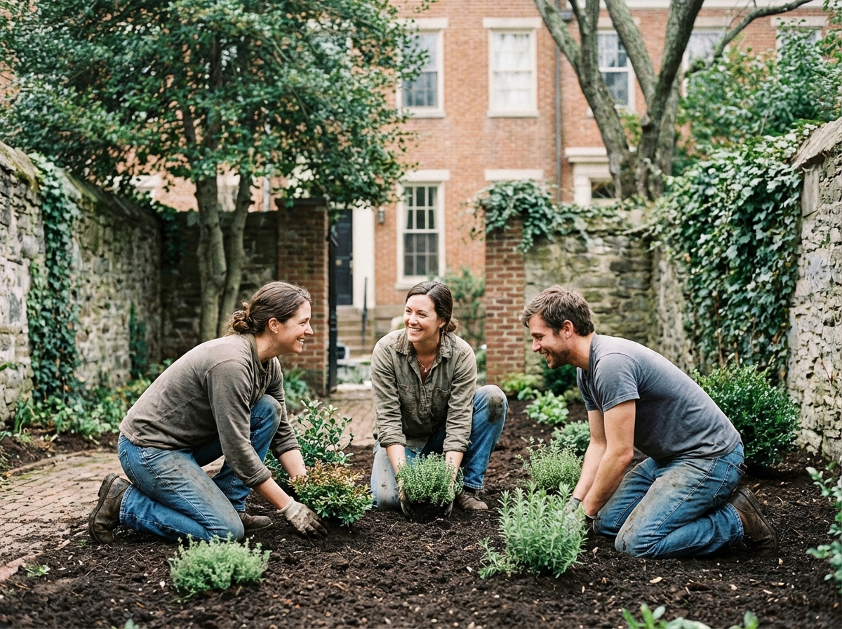Groupe de travailleurs plantant des arbustes dans un jardin ancien
