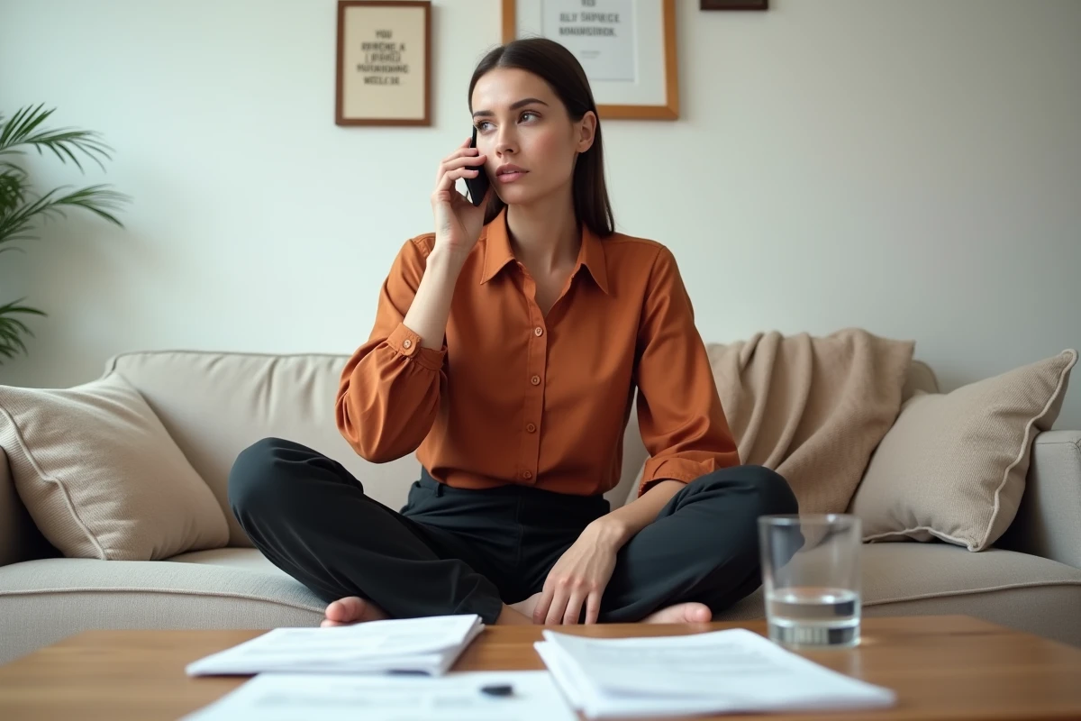Jeune femme entrepreneur travaillant depuis chez elle, au téléphone et entourée de documents pour gérer son entreprise individuelle