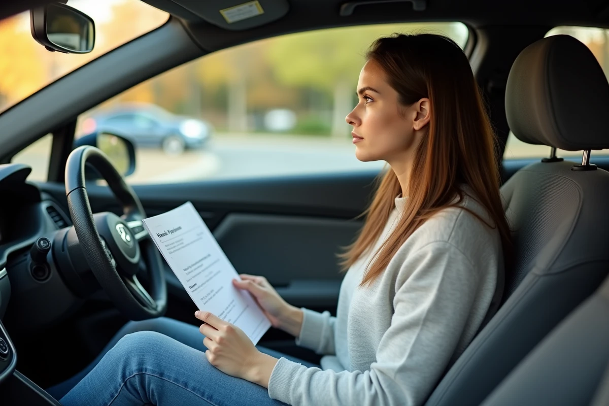 Jeune femme dans une voiture hybride tenant un document sur les options hybrides