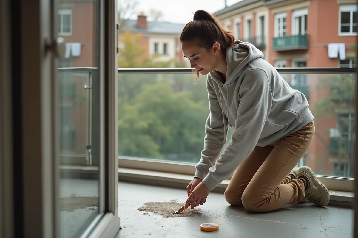 Jeune femme réparant un balcon urbain avec kit de réparation