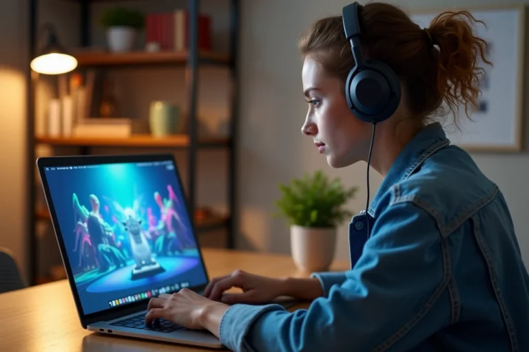 Jeune femme avec casque et denim regardant un écran de streaming