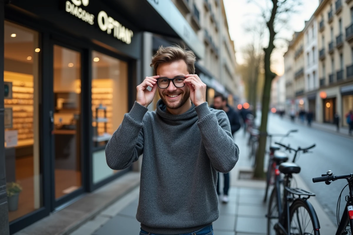 Jeune homme ajustant ses lunettes dans la rue parisienne