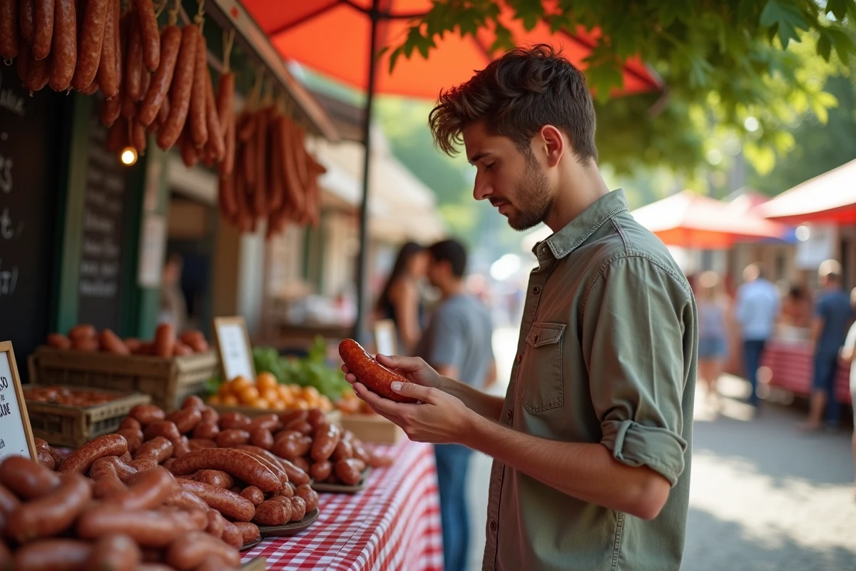 Jeune homme compare des saucisses au marché en plein air