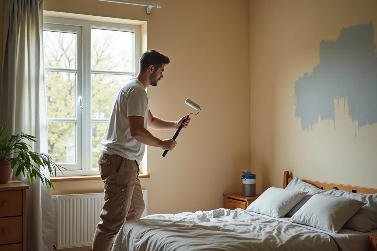 Jeune homme peignant un mur dans une chambre chaleureuse