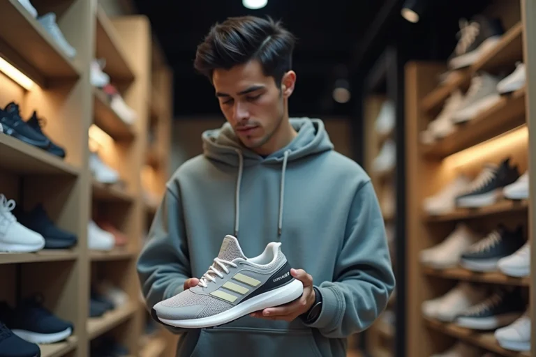 Jeune homme examine des sneakers neuves dans un magasin moderne