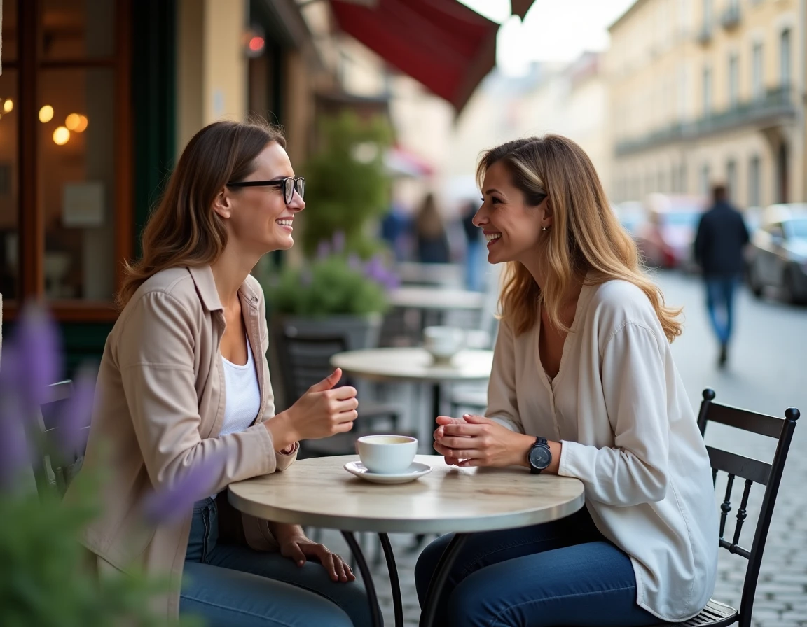 Deux amies en conversation animée autour d'un café en terrasse, cultivant un lien social choisi et régulier