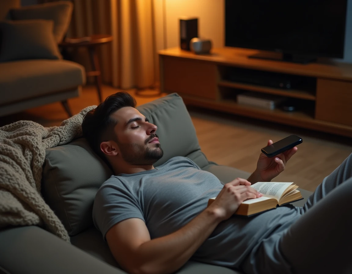 Homme allongé sur un canapé avec son téléphone retourné et un livre fermé, s'éloignant des écrans avant de dormir
