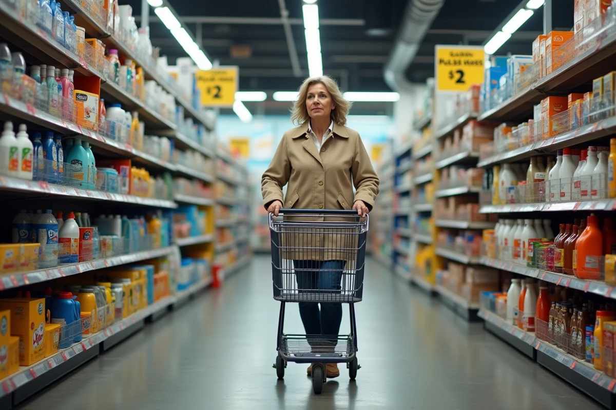 Femme faisant ses courses dans les rayons d'un magasin discount à Tourcoing, chariot rempli de produits du quotidien