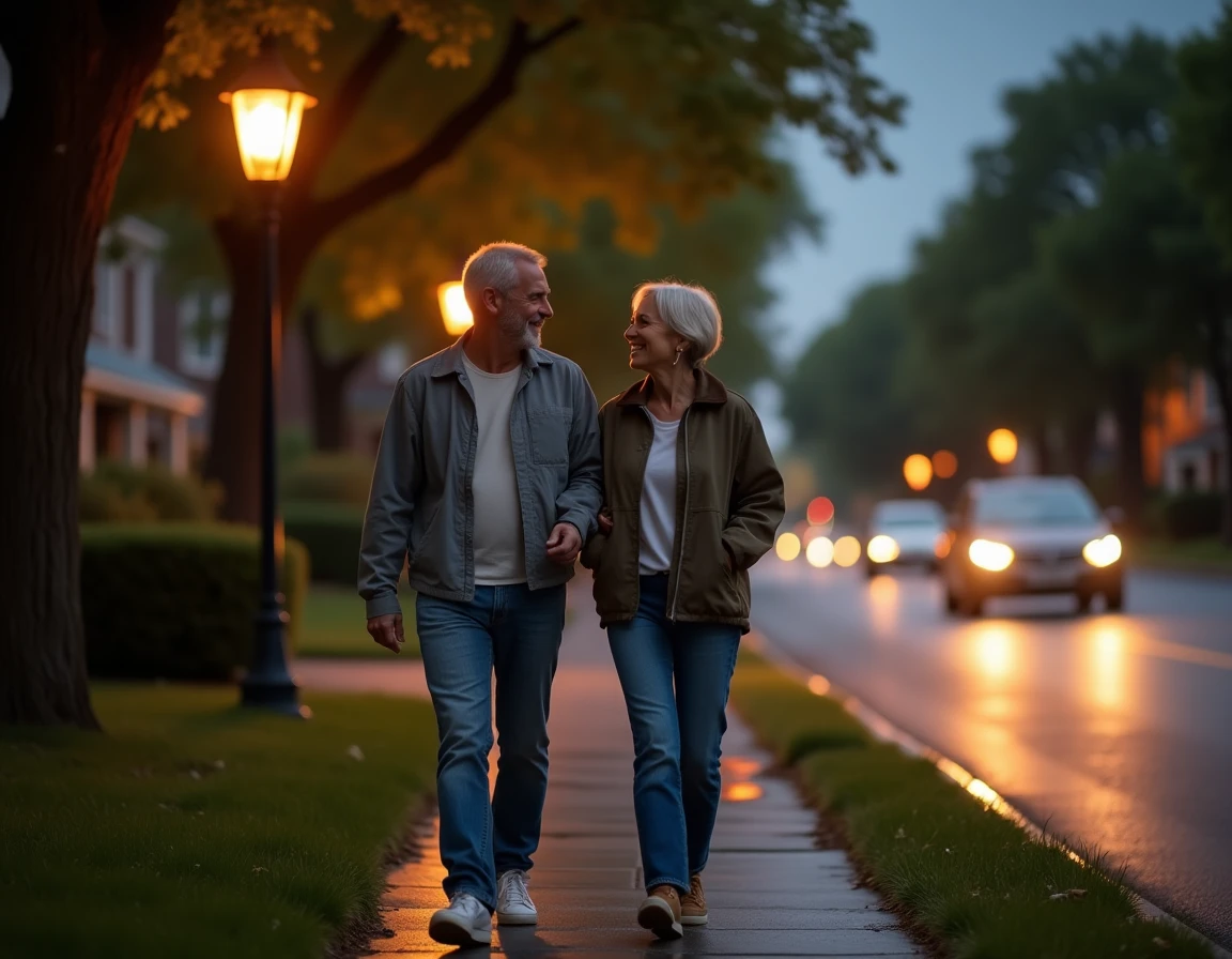 Couple marchant tranquillement dans une rue calme après le dîner lors d'une promenade digestive du soir