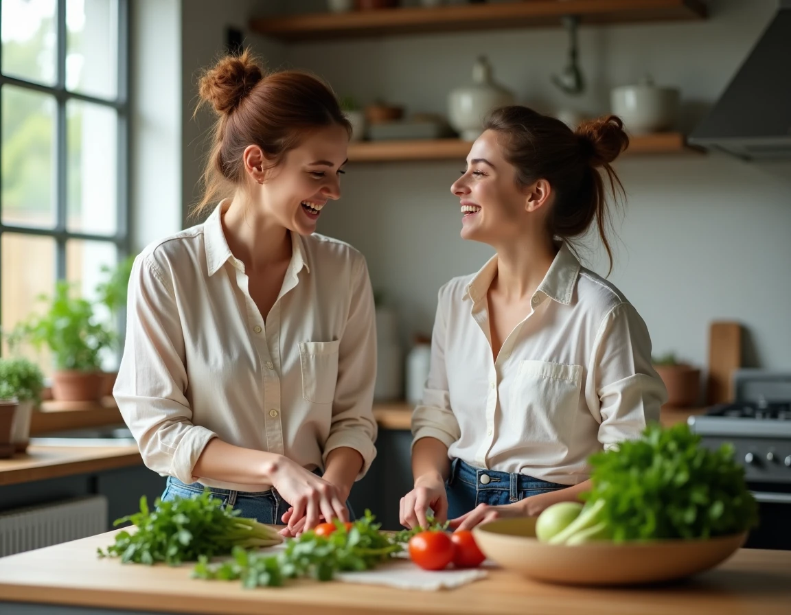 Mère et fille adolescente qui cuisinent ensemble dans une cuisine familiale chaleureuse, illustrant l'équilibre de la vie de famille au quotidien