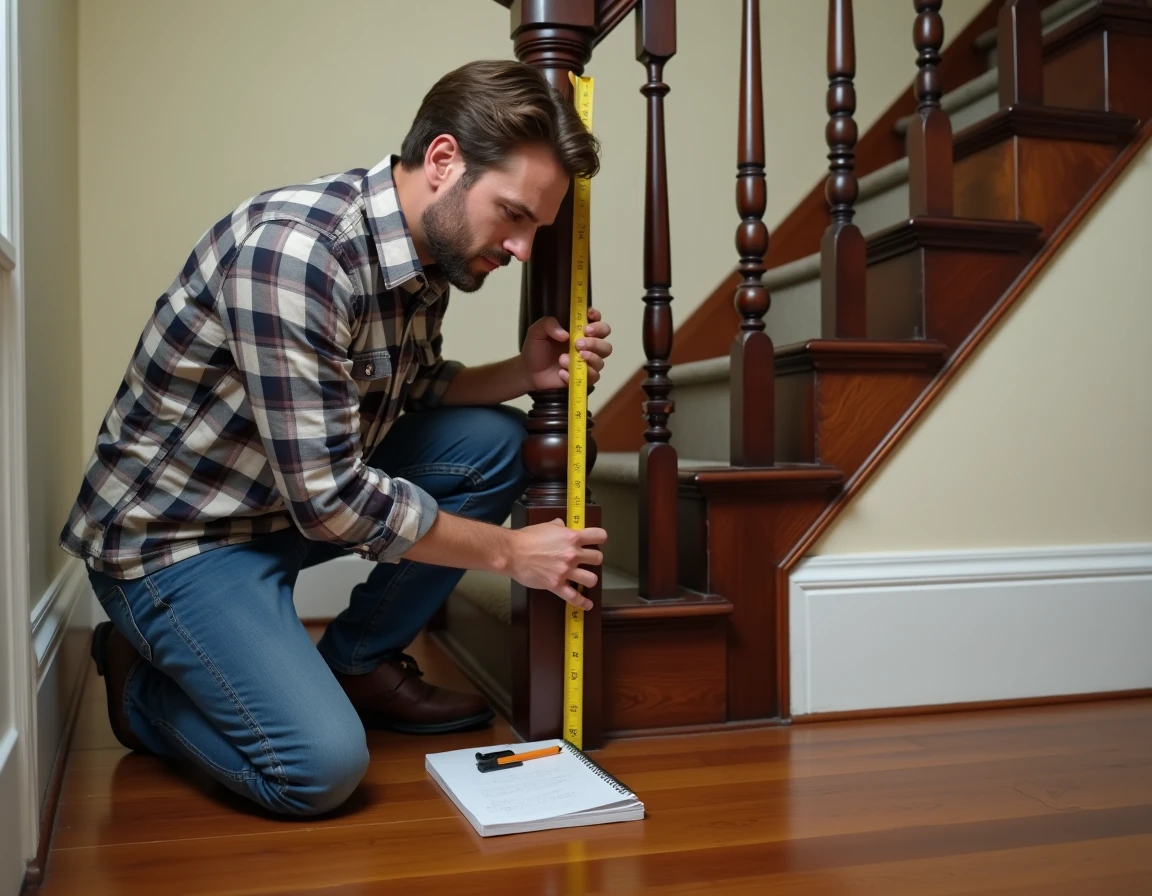 Homme mesurant la largeur d'un escalier avec un mètre ruban avant de faire passer un meuble
