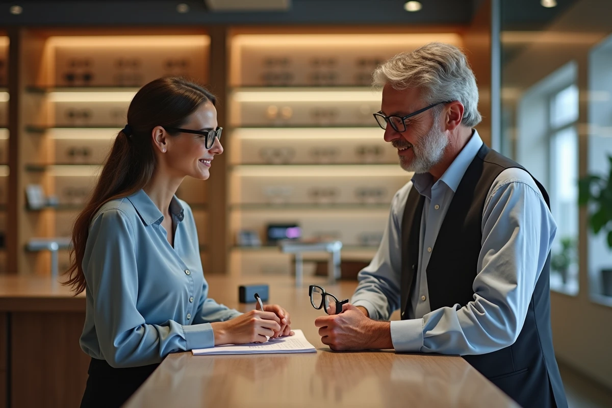Opticienne souriante aidant un client dans une boutique moderne