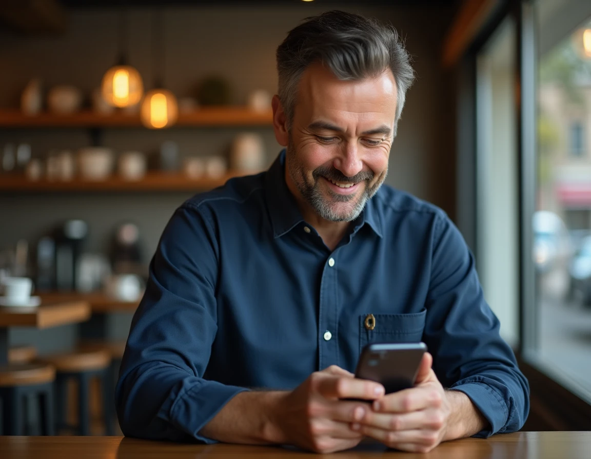 Homme effectuant un paiement sécurisé en ligne via smartphone dans un café urbain
