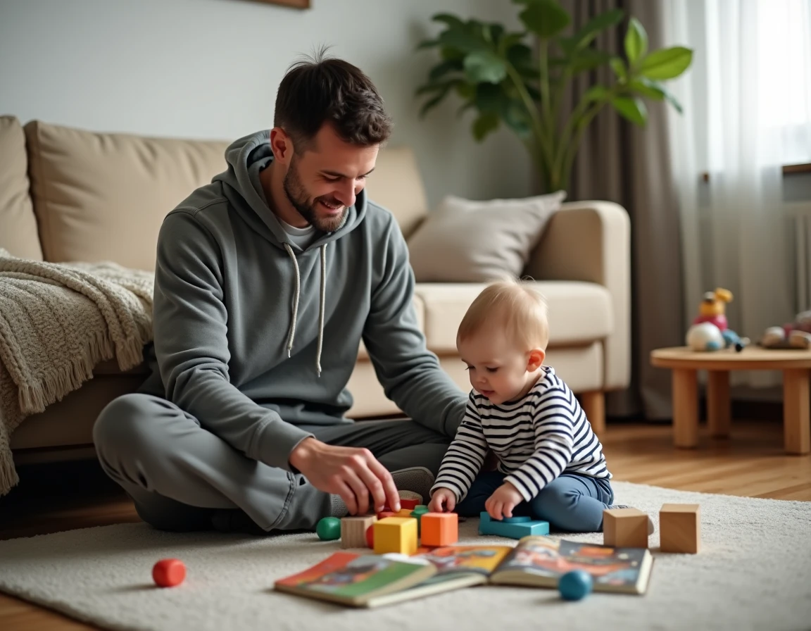 Père jouant avec son jeune enfant sur le sol du salon, scène authentique de vie de famille épanouissante et équilibrée