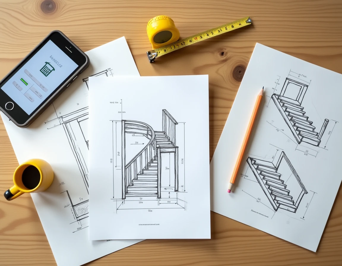 Vue de dessus d'un plan de travail avec mètre ruban, croquis de dimensions d'escalier et manuel de meuble pour préparer un déménagement