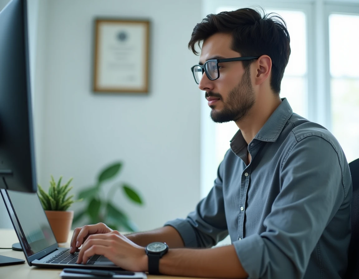 Professeur particulier en ligne assis devant un ordinateur portable dans un bureau à domicile moderne, donnant un cours à distance