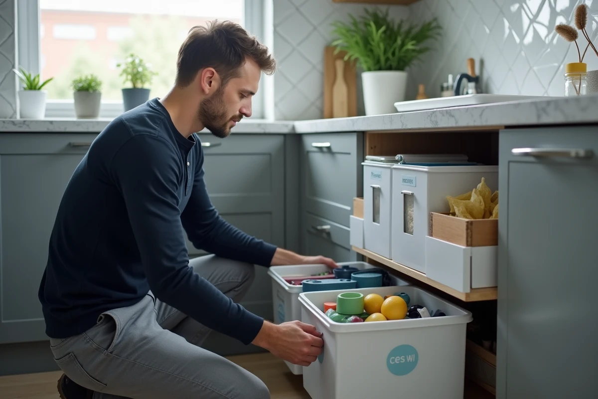 Homme rangeant des produits ménagers dans un placard de cuisine moderne avec des bacs de rangement étiquetés