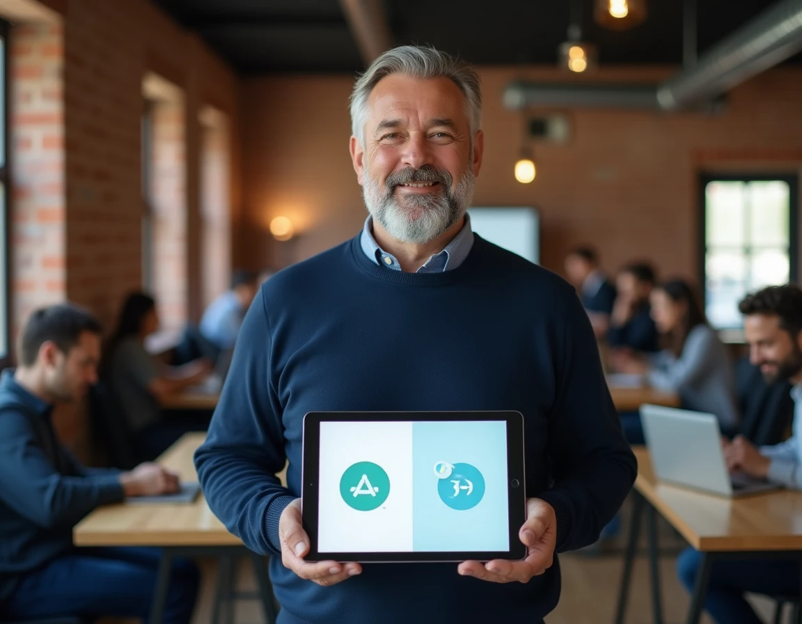 Entrepreneur consultant analysant le changement de nom et le rebranding de Voplav One sur une tablette numérique