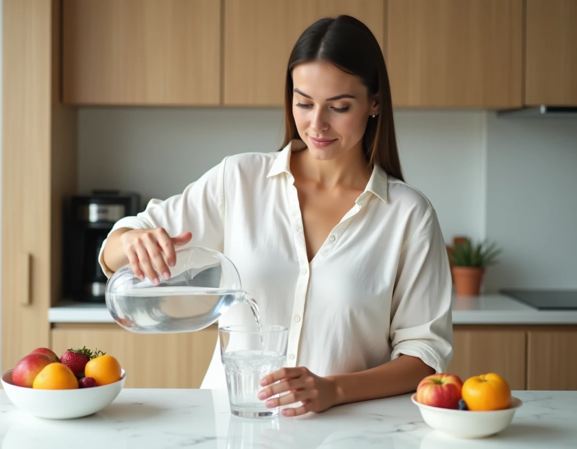 Femme versant de l'eau dans un verre le matin pour remplacer les boissons sucrées du petit-déjeuner