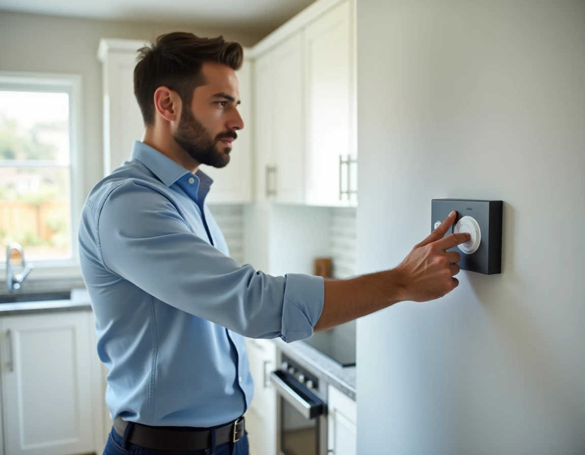 Homme réglant un thermostat intelligent pour réduire la consommation énergétique de son logement