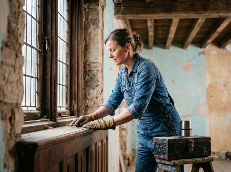Femme en overalls ponçant une fenêtre ancienne en bois