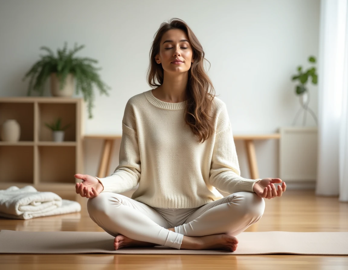 Femme pratiquant la respiration en cohérence cardiaque les yeux fermés sur un tapis de yoga à la maison