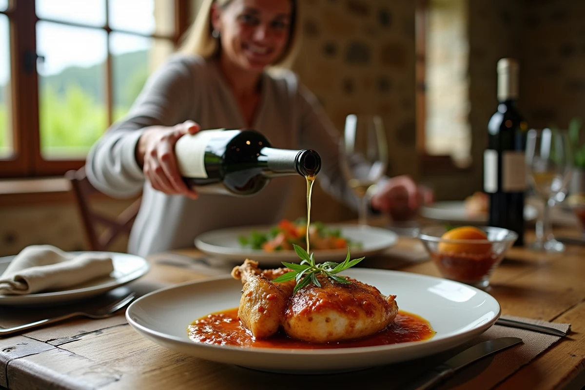 Partie de poulet au vin jaune sur table en famille