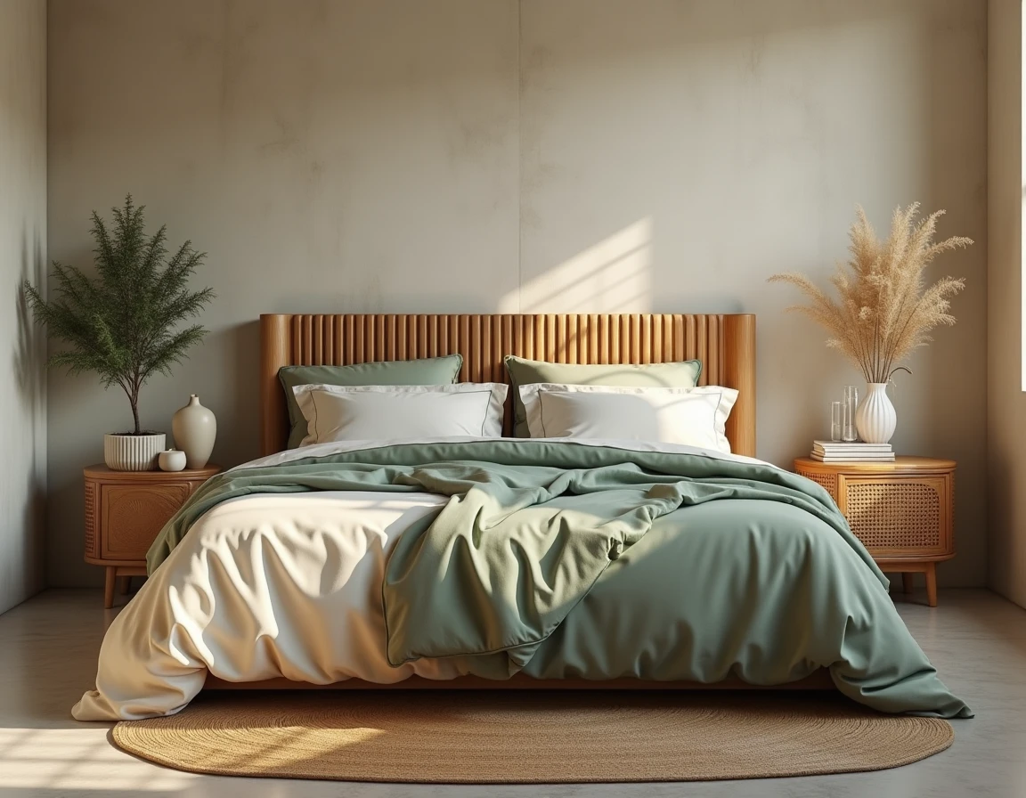 Chambre à coucher tendance 2024 avec tête de lit en chêne cannelé, literie en coton sauge et murs en stucco chaux chaleureux