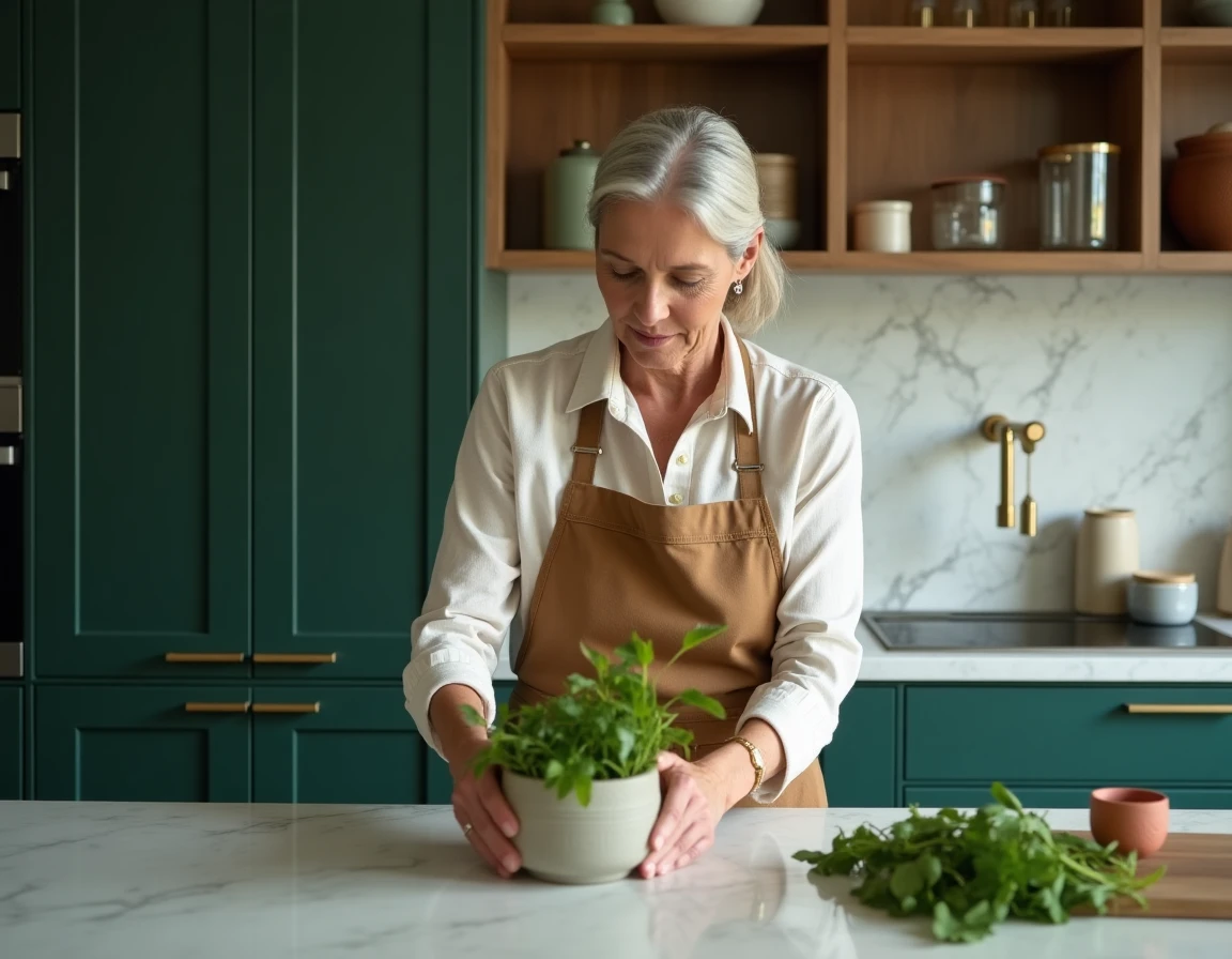 Cuisine contemporaine 2024 avec armoires vert forêt et quincaillerie en laiton brossé, femme arrangeant des herbes fraîches sur le plan de travail