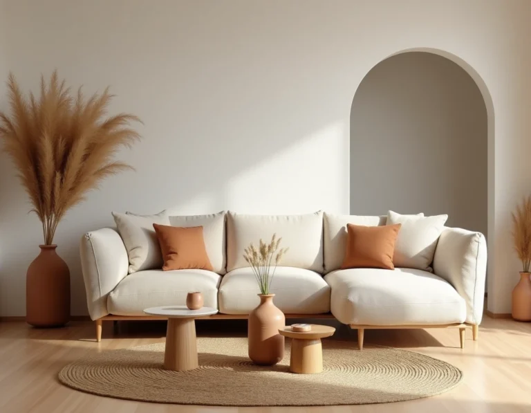 Salon moderne scandinave 2024 avec canapé bouclé crème, vases en céramique terracotta et tapis en jute sur parquet chêne clair
