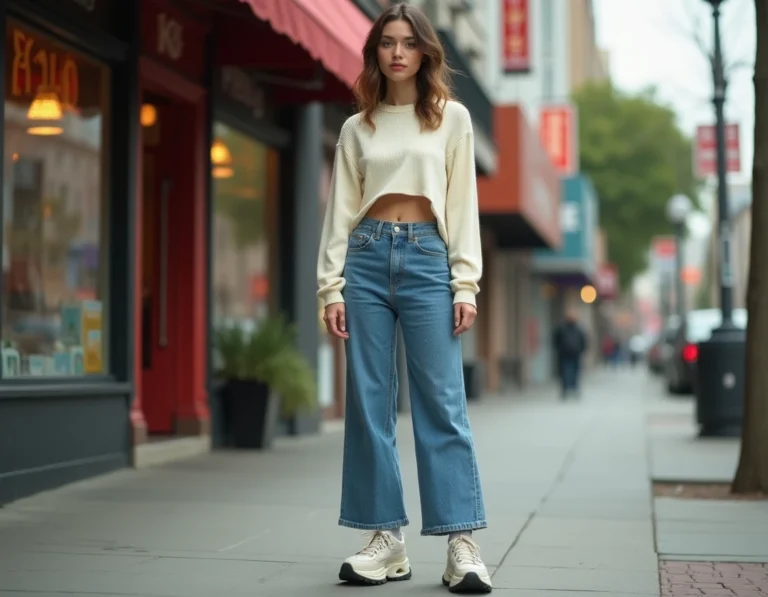 Jeune femme portant une tenue mode emblématique des années 1995 avec jean taille haute, crop top en maille et baskets plateforme dans une rue urbaine vintage
