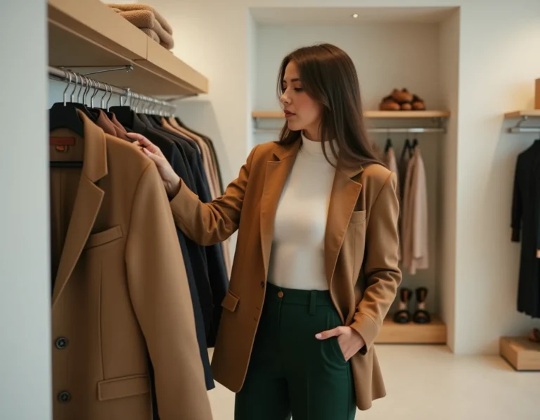 Femme élégante en blazer camel oversize et pantalon large vert forêt dans une boutique parisienne minimaliste, tendances mode automne-hiver