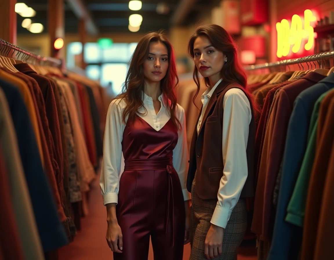 Deux jeunes femmes en tenues tendance 1995 robe nuisette bordeaux et blazer velours dans une boutique vintage aux décors rétro des années 90
