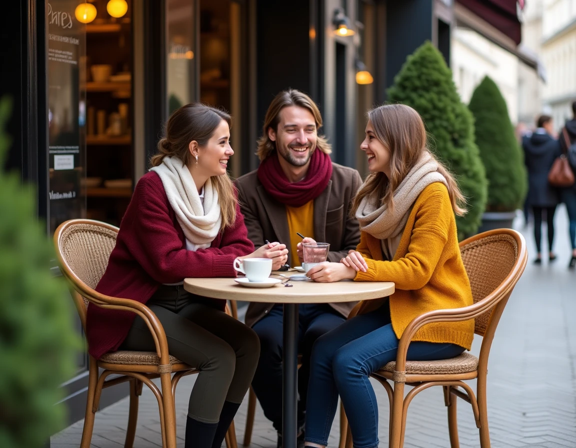 Trois amis en tenues tendance automnales autour d'une table de café parisien, looks mode saison en bordeaux, moutarde et crème