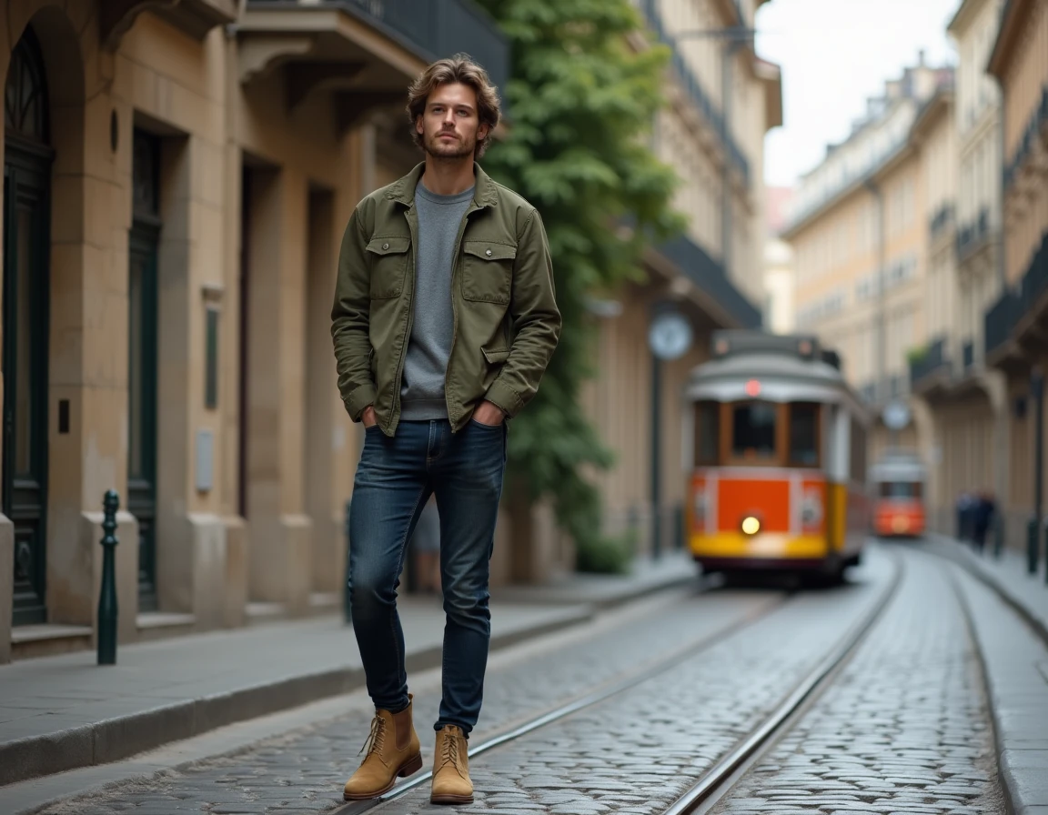 Homme stylé en veste field jacket olive et boots suède dans une rue pavée européenne, look mode urbain tendance saison