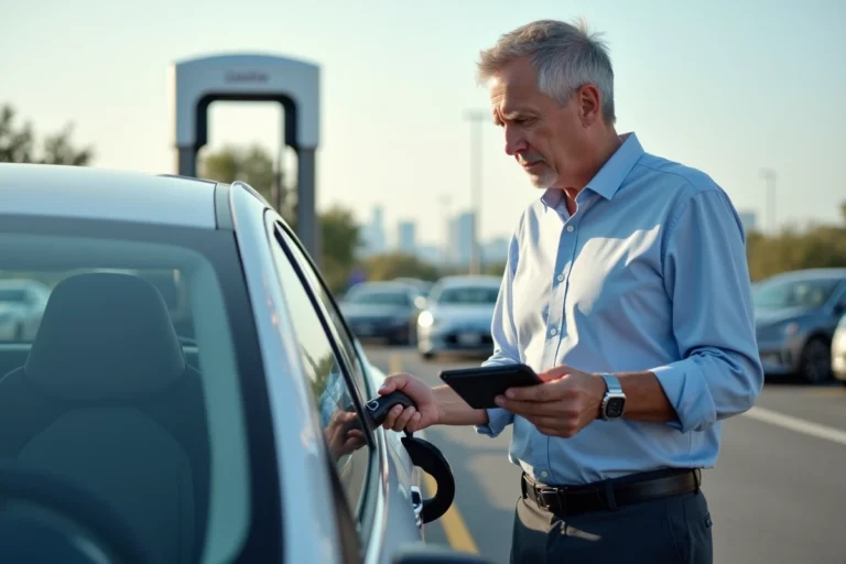 Homme d'affaires vérifiant un tableau de bord d'une voiture hybride à une station de charge urbaine