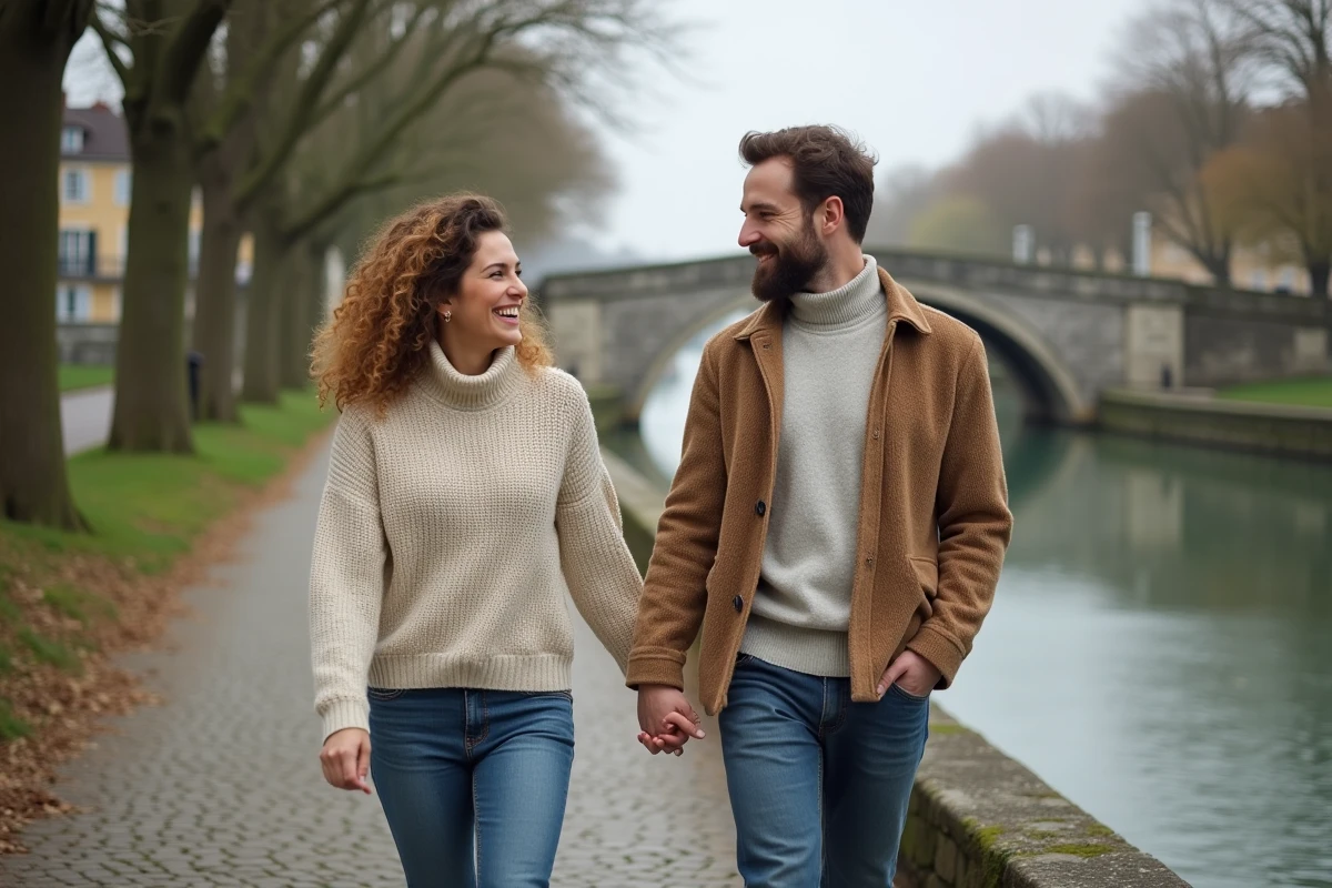 Couple se promenant main dans la main sur les bords d'une rivière française au printemps, ambiance romantique et authentique