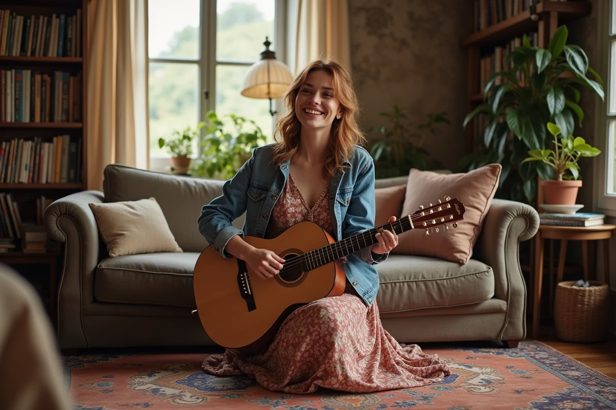 Femme artiste avec guitare acoustique dans un salon bohème français, portrait intime de vie de couple épanouie