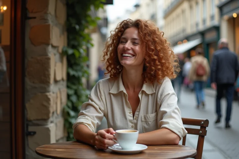 Femme aux cheveux bouclés roux riant dans un café parisien, ambiance de couple complice et détendue